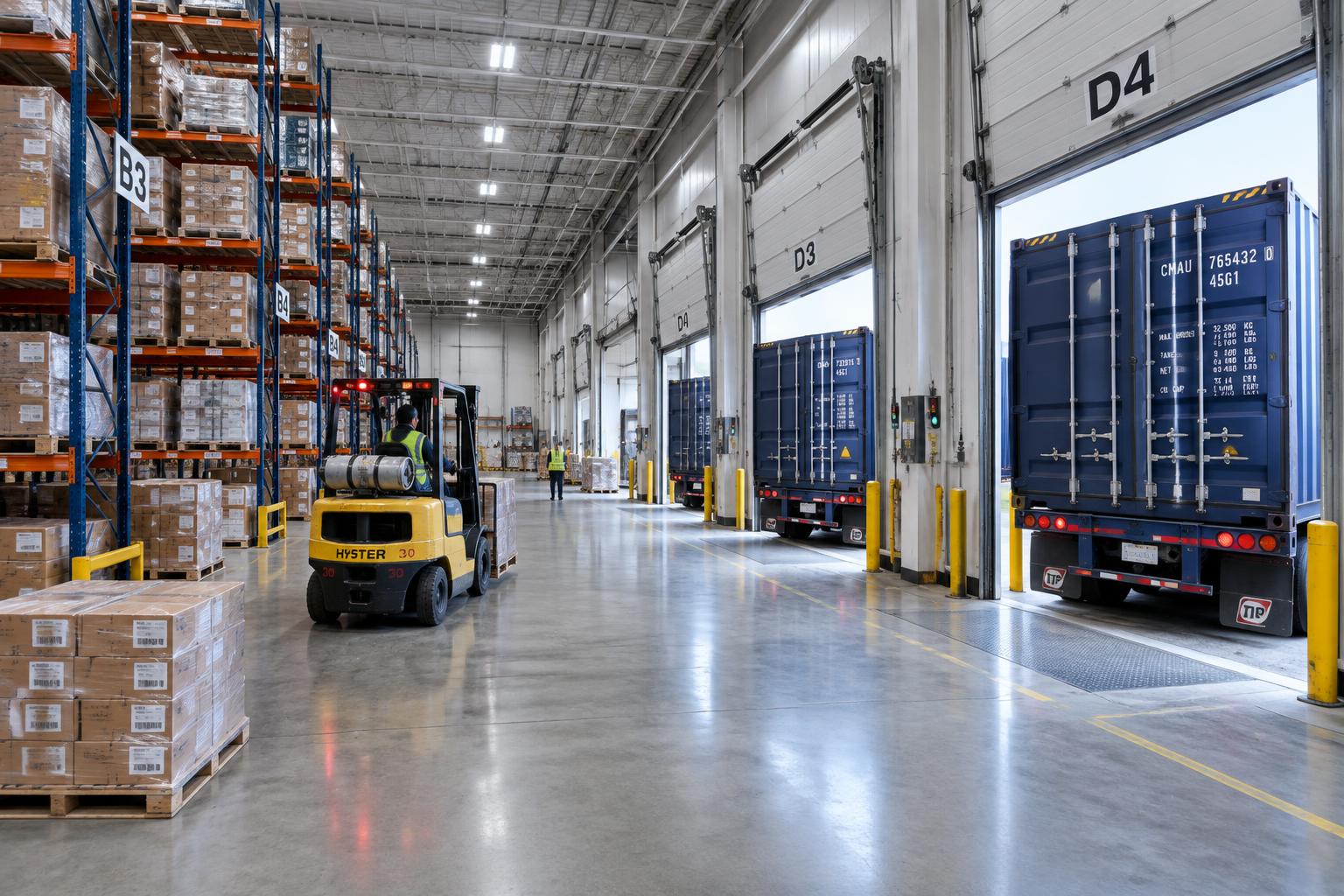 Warehouse with racking and containers backed onto loading docks