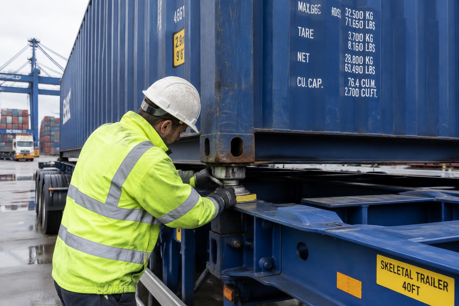 Driver locking a 40ft container onto a skeletal trailer at a port