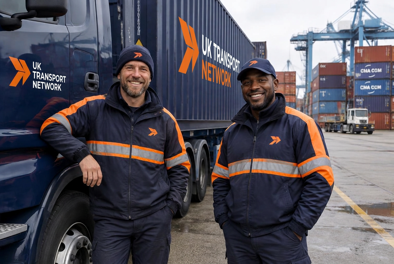 UK Transport Network drivers in branded uniforms beside a container truck