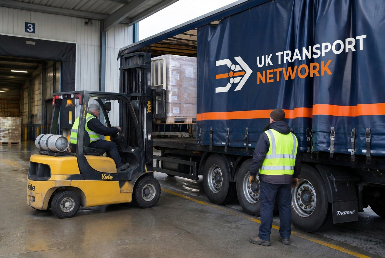 Pallets being loaded into a UK Transport Network curtainside trailer