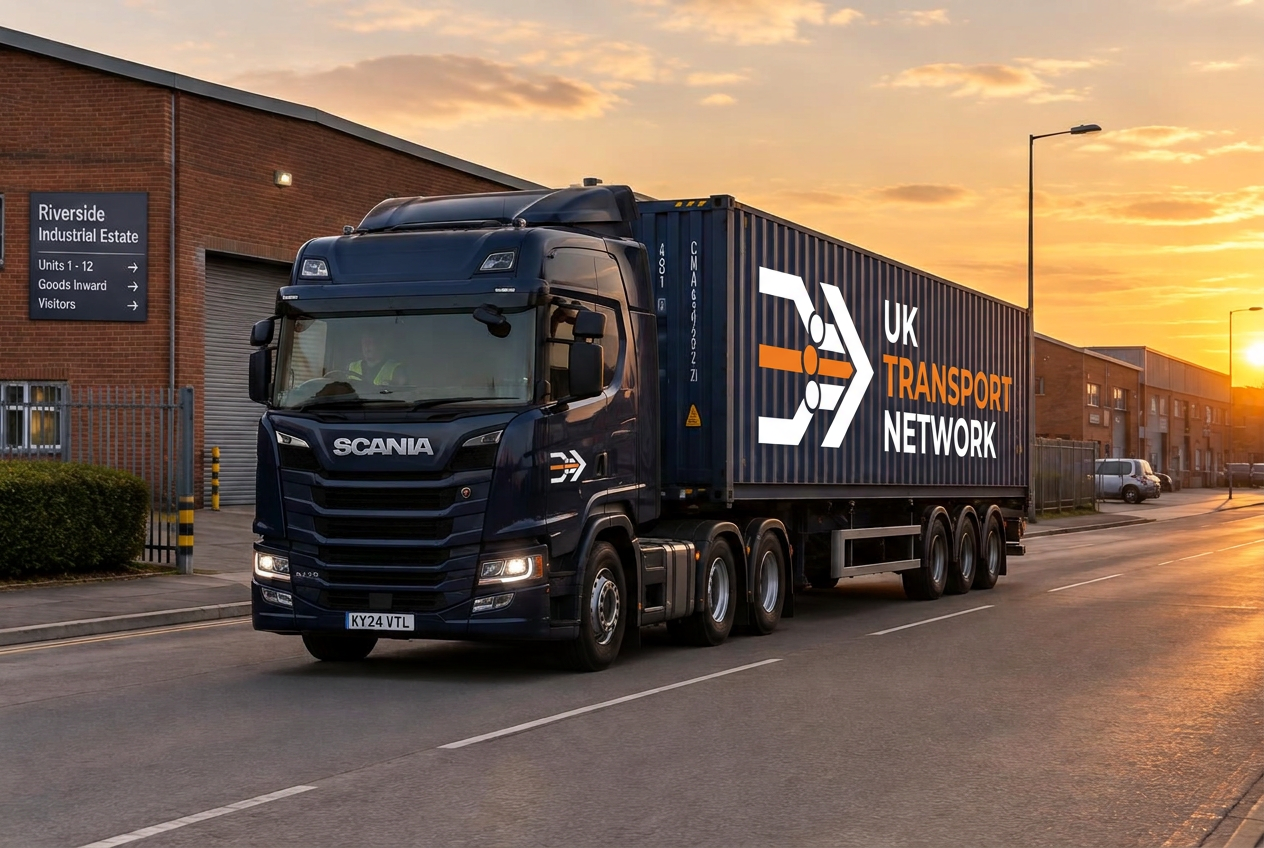 UK Transport Network truck travelling through the British countryside