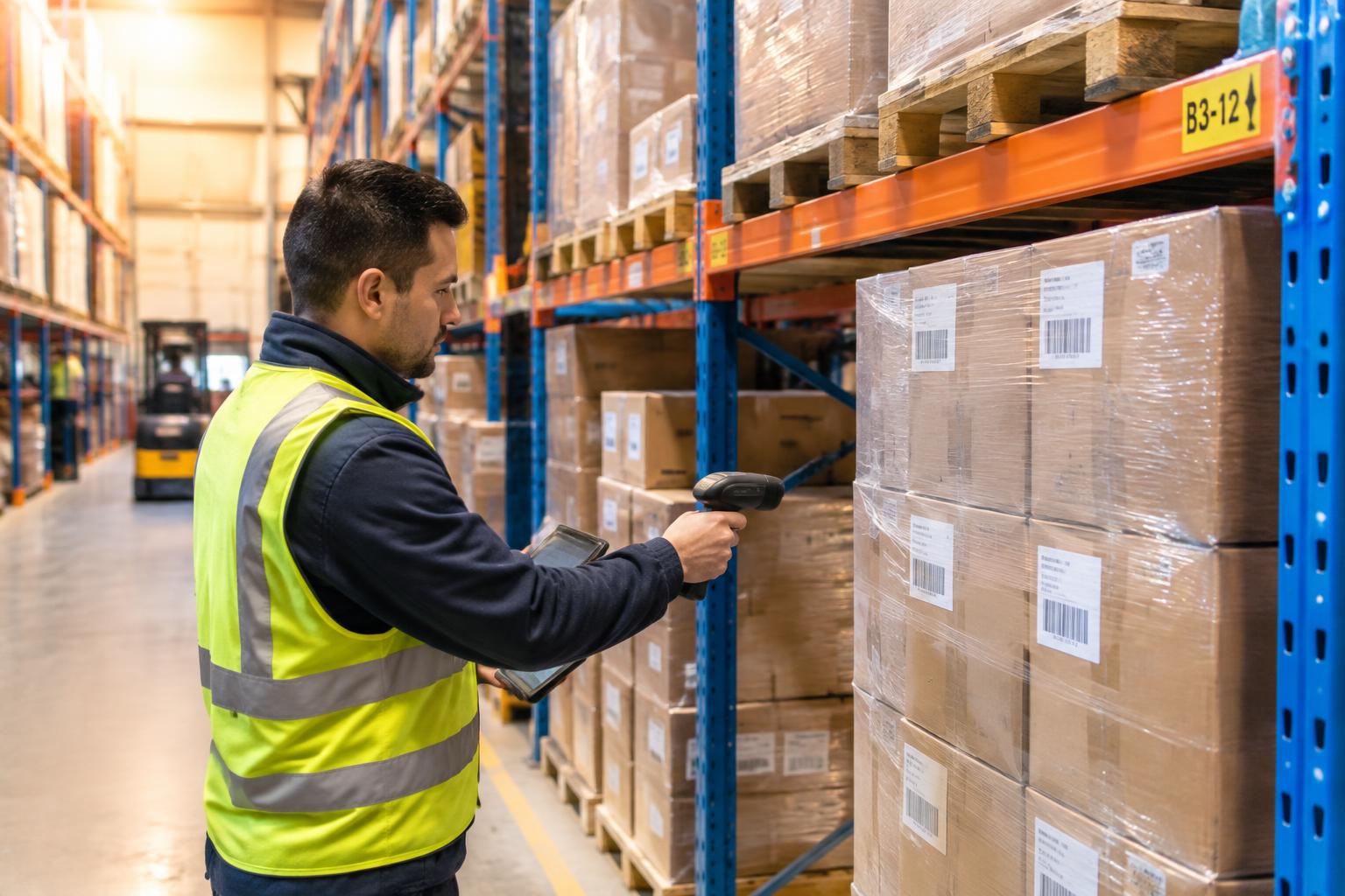 Warehouse operative scanning cartons beside pallet racking